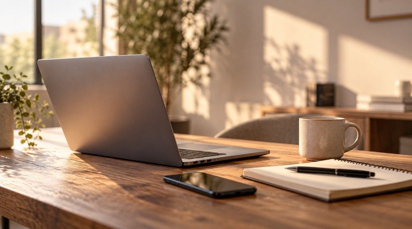 Ordinateur portable, carnet et tasse sur un bureau en bois, en lumière naturelle