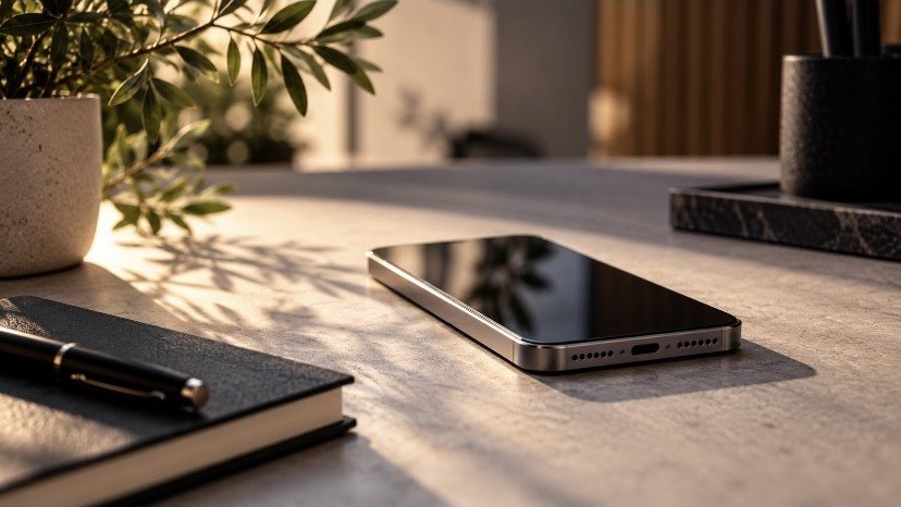 Téléphone posé sur un plan de travail en pierre, dans une lumière rasante